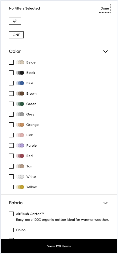 Aritzia color family filter UI