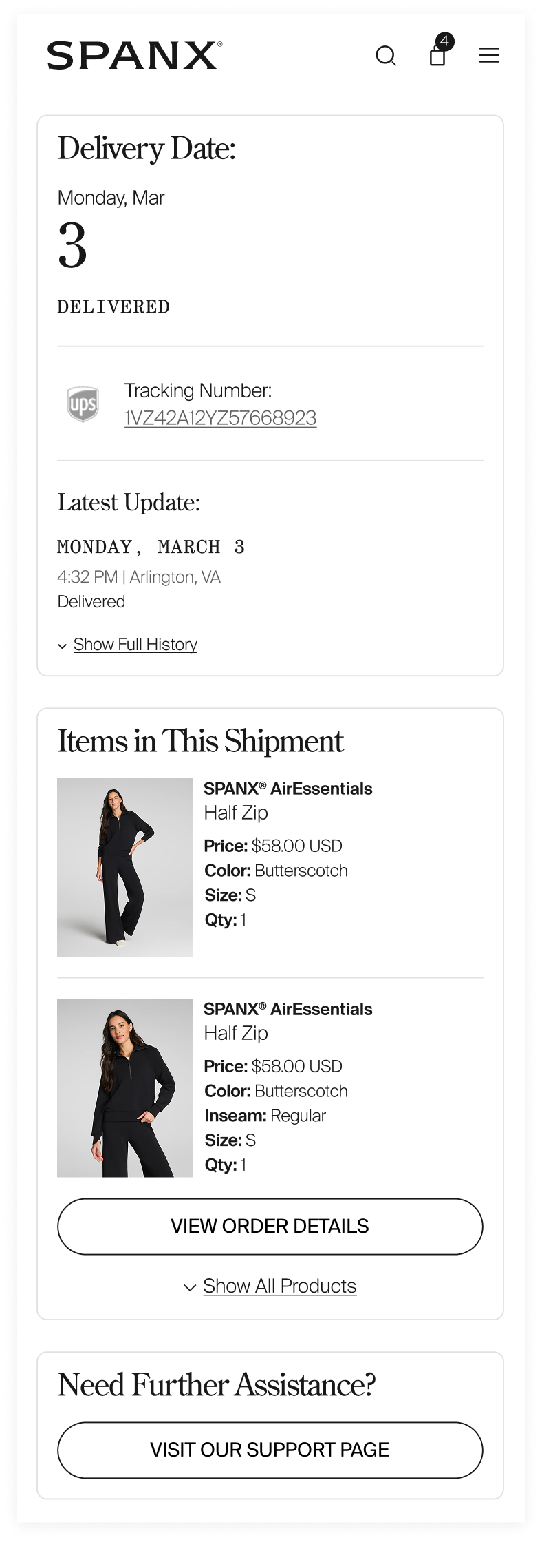 Order tracking page — top
